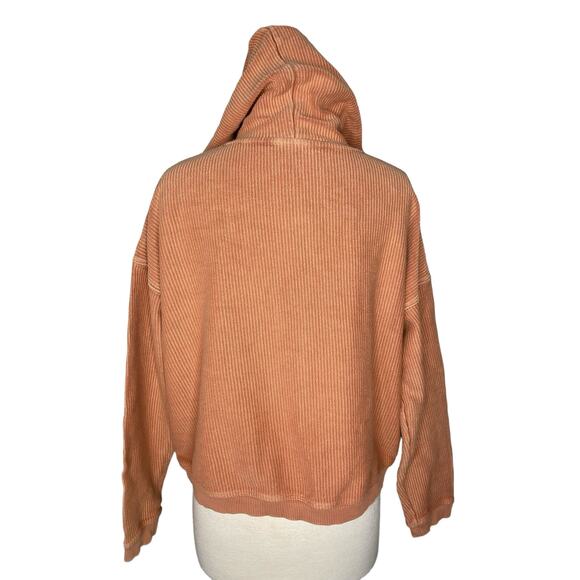 AERIE AE Ribbed Crop Hoodie in Buff Orange Size Medium Womens Relaxed Drawstring - Picture 3 of 10